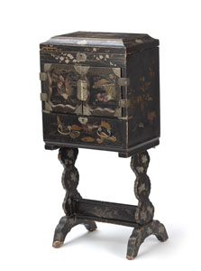 <b>A BLACK-LACQUERED SEWING BOX ON STAND WITH FLORAR DECORATIONS</b>