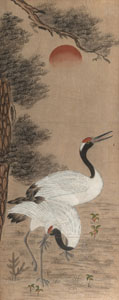 <b>ÁNONYMOUS ARTIST: A PAIR OF CRANES NEXT TO A PINE TREE DURING SUNSET, INK AND COLOUR ON PAPER</b>