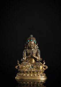 <b>Feine feuervergoldete Bronze eines Bodhisattva</b>