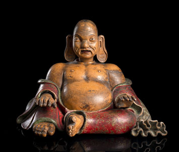 <b>A PAINTED POTTERY AND WOOD FIGURE OF SEATED BUDAI WITH MOVABLE HEAD, TONGUE AND HANDS</b>