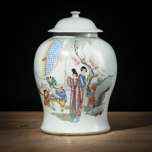 <b>A POLYCHROME PAINTED PORCELAIN VASE AND COVER DEPICTING A MOTHER AND BOYS PLAYING IN THE GARDEN, ON THE RESERVE A POEM INSCRIPTION</b> <b>A POLYCHROME PAINTED PORCELAIN VASE AND COVER DEPICTING A MOTHER AND BOYS PLAYING IN THE GARDEN, ON THE RESERVE A POEM INSCRIPTION</b>