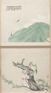 <b>Paar Albumblätter mit Darstellung von Lotos und Garnelen bzw. Vogel auf blühendem Pfirsichbaum</b>