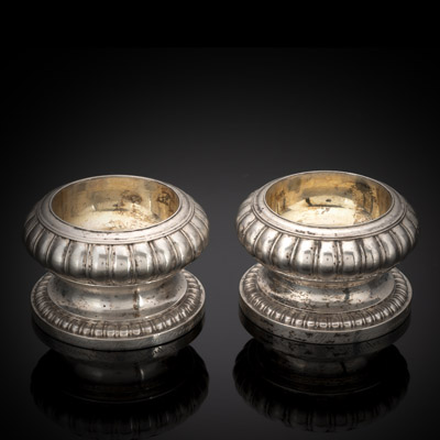 <b>A PAIR OF PARCEL GILT SILVER SALT CELLARS WITH DEDICATION TO GEORG CROWN PRINCE OF HANOVER</b>
