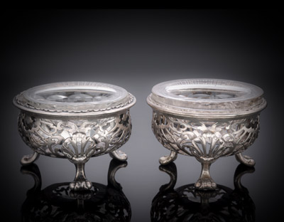 <b>TWO GERMAN OPENWORK SILVER SALT CELLARS FROM THE TABLE SERVICE OF FREDERICK AUGUST III ELECTOR OF SAXONY</b>