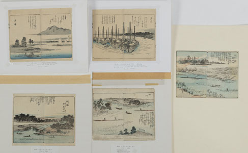 <b>Konvolut fünf Buchseiten, teils Nachdrucke, u.a. Hiroshige</b>