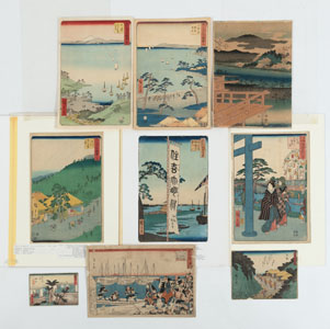 <b>Konvolut neun Farbholzschnitte und Buchseiten, Hiroshige</b>