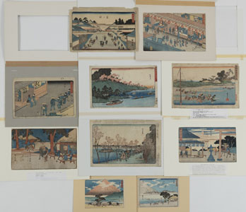 <b>Konvolut zehn Farbholzschnitte und Buchseiten, Hiroshige u.a.</b>