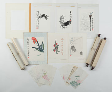 <b>FOUR HANGING SCROLLS WITH COLOR WOODBLOCK PRINTS ('MU BAN SHUI YIN') OF FLORAL DEPICTIONS AFTER QI BAISHI AND PAN TIANSHOU AND 16 ALBUM PAGES AND LETTER PAPERS AFTER QI BAISHI</b>
