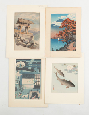 <b>Drei Farbholzschnitte, u.a. Hasui, Koson, Japan und ein Aquarell von Curt Adolf Netto</b>