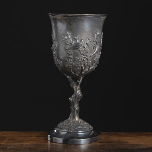 <b>A SILVER FOOTED CUP WITH MAGPIE AND PRUNUS DECORATIOIN IN RELIEF</b>