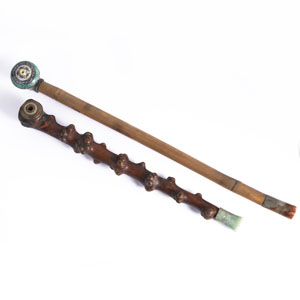 <b>TWO OPIUM PIPES MADE OF BAMBOO, BURL WOOD, PORCELAIN, BRASS AND JADE GREEN STONE</b>