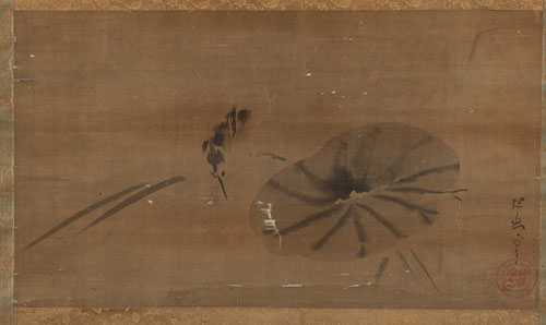 <b>Malerei mit Lotosblatt und Vogel nach Kanō Tan'yū und Kalligrafie mit einem Zen-Spruch, jeweils montiert als Hängerollen</b>