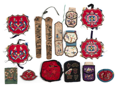 <b>TWO SILK FAN CASES AND A GROUP OF SMALL SILK BAGS AND APPLIQUÉS</b>