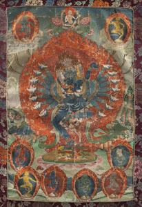 <b>Thangka mit zentraler Darstellung des Hevajra in yab-yum mit seiner Gemahlin umgeben von Dakinis</b>