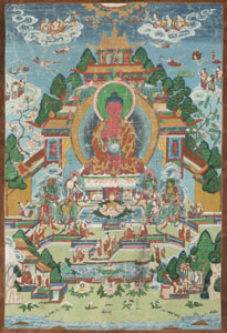 <b>Teils in Gold gemaltes Thangka mit Buddha Amitabha</b>