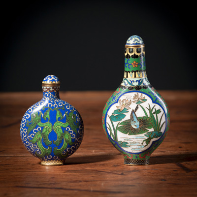 <b>TWO CLOISONNÉ-SNUFF BOTTLES WITH DRAGON, BIRDS AND FLOWER DECORATIONS</b>