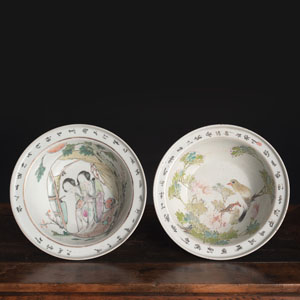 <b>TWO INSCRIBED 'FAMILLE ROSE' LADIES AND BIRD ON A BRANCH PORCELAIN BASINS</b>