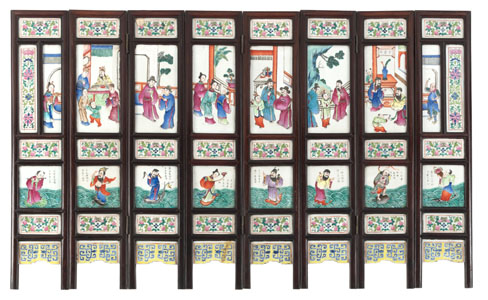 <b>AN EIGHT-PANEL FOLDING SCREEN WITH FAMILLE ROSE PORCELAIN TILES</b>