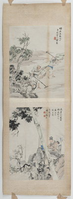 <b>Li Run (1884-1947): zwei Figurendarstellungen - Bauer beim Vorbereiten für den Anbau bzw. junger Gelehrter beim Lesen. Tusche und Farbe auf Papier</b>