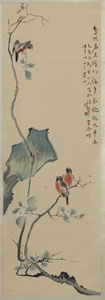 <b>Hängerolle mit Farbholzschnitt ('mu ban shui yin') von Drei Singvögeln auf blühendem Zweig</b>