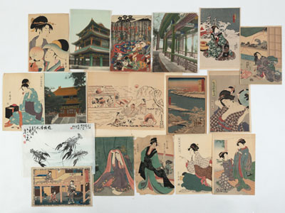 <b>AN INK PAINTING DEPICTING SHRIMP, THREE LAGES FORMAT COLOR PHOTOS FROM BEIJING AND 13 JAPANESE COLOR WOODBLOCK PRINTS AND REPRINTS</b> <b>AN INK PAINTING DEPICTING SHRIMP, THREE LAGES FORMAT COLOR PHOTOS FROM BEIJING AND 13 JAPANESE COLOR WOODBLOCK PRINTS AND REPRINTS</b>