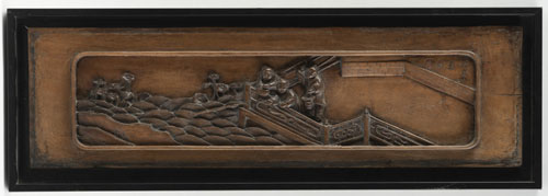 <b>A WOOD PANEL CARVED ON BOTH SIDES IN RELIEF WITH THREE BOYS FISHING AND A BIRD ABOVE FLOWERS</b> <b>A WOOD PANEL CARVED ON BOTH SIDES IN RELIEF WITH THREE BOYS FISHING AND A BIRD ABOVE FLOWERS</b>