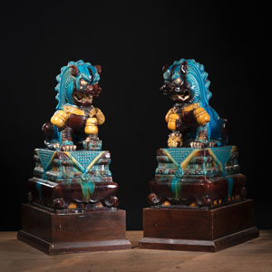 <b>A LARGE PAIR OF POLYCHROME FO LIONS ON RECTANGULAR PEDESTALS</b> <b>A LARGE PAIR OF POLYCHROME FO LIONS ON RECTANGULAR PEDESTALS</b>