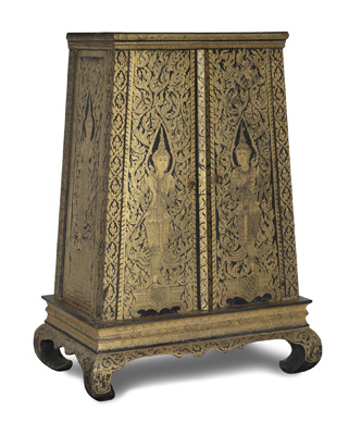 <b>A PAIR OF BLACK-LACQUERED CABINETS WITH GOLD-LACQUER DECORATION OF APSARAS</b>