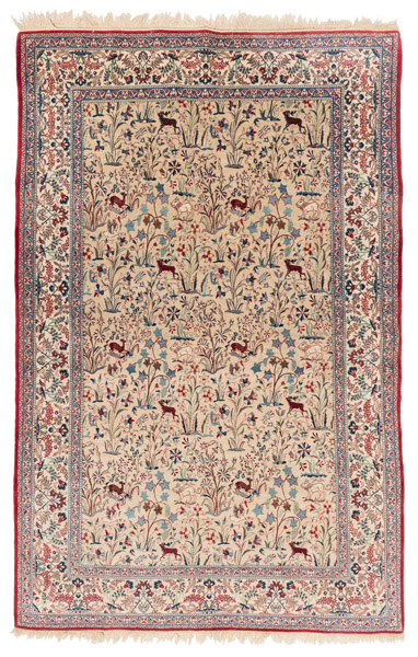 <b>A white background Nain carpet with floral and animal design</b>