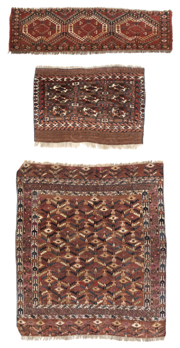 <b>A Yomud Ensi rug, a Yomud Chuval bag face and an Ersari knotted panel</b>