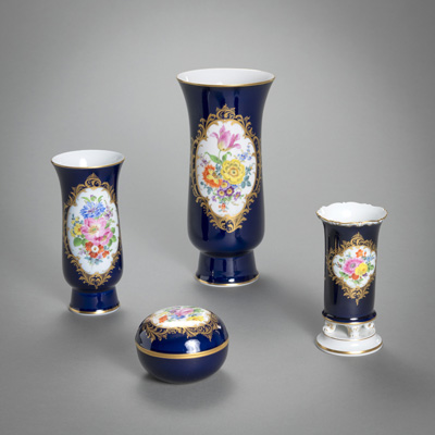 <b>THREE MEISSEN COBALT BLUE FOND AND FLORAL PAINTED PORCELAIN VASES AND A SUGAR BOX</b>
