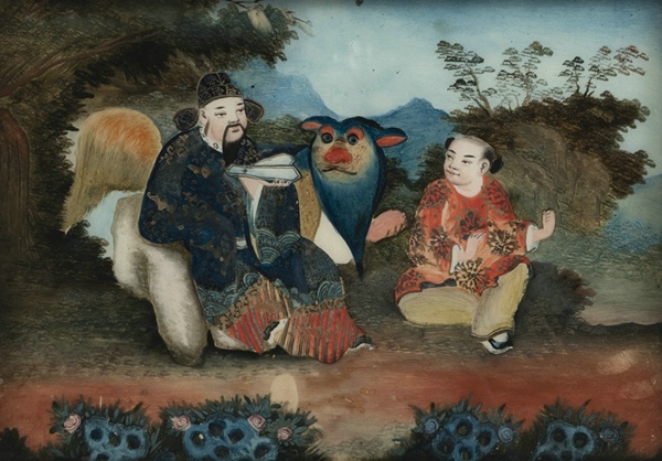 <b>THREE REVERSE GLASS PAINTINGS EACH DEPICTING AN IMMORTAL AND A SERVANT</b> <b>THREE REVERSE GLASS PAINTINGS EACH DEPICTING AN IMMORTAL AND A SERVANT</b>