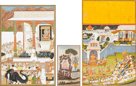 <b>THREE FINE MINIATURE PAINTINGS IN GOUACHE AND PARTIALLY GOLD WITH FIGURAL SCENERY</b>