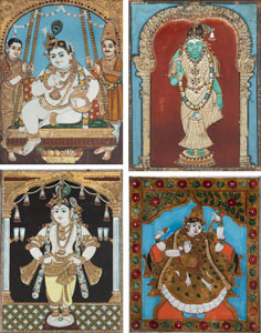 <b>FOUR POLYHCROME PAINTINGS ON WOOD AND A REVERSE GLASS PAINTING DEPICTING KRISHNA, SHIVA, AND DURGA</b>