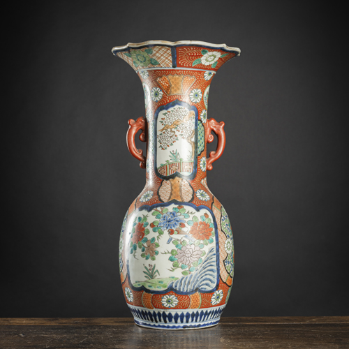 <b>A TWIN-HANDLED FLORAL 'KUTANI' PORCELAIN VASE</b>