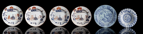 <b>FOUR CHINOISERIE PATTERN FAIENCE PLATES AND TWO ROUND DISHES</b>