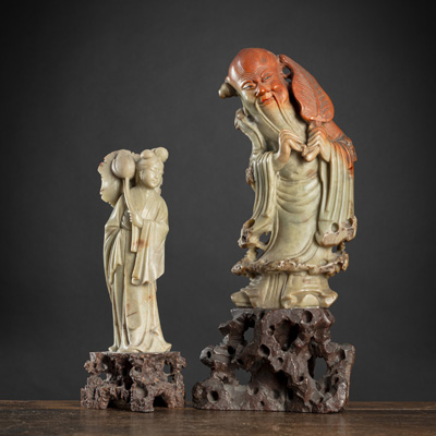 <b>TWO SOAPSTONE CARVINGS: SHOULAO WITH FAND AND GUANYIN</b>