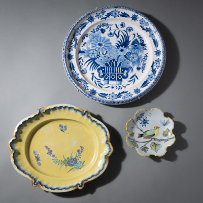 <b>TWO FAIENCE DISHES AND A PLATE</b>