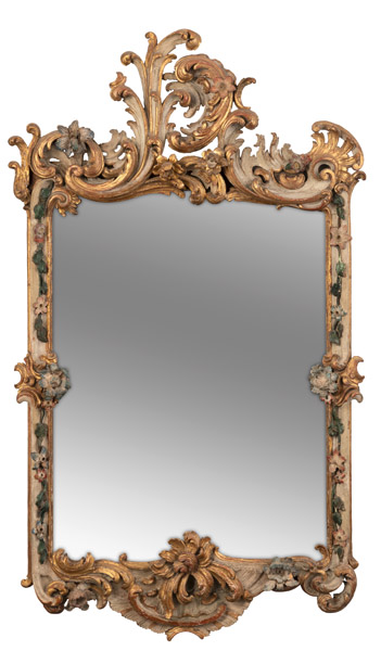 <b>A SOUTH GERMAN CARVED AND PAINTED WOOD ROCOCO MIRROR</b>