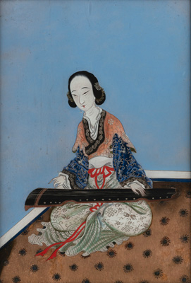 <b>A PANEL WITH REVERSE GLASS PAINTING DEPICTING A YOUNG LADY PLAYING A QIN-ZITHER</b>
