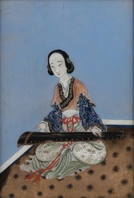 <b>Hinterglasmalerei mit Darstellung einer jungen Dame am qin-Zither spielen</b>