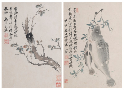 <b>Zwei Albumblätter: Zwei Fische an einem Weidenzweig und Zikade auf Ast. Tusche und leichte Farbe auf Papier</b>