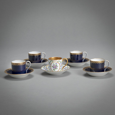 <b>FIVE MOCCA CUPS AND SAUCERS</b>