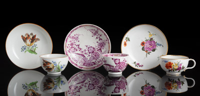 <b>THREE MEISSEN FLORAL PAINTED CUPS AND SAUCERS</b>