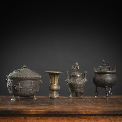 <b>THREE BRONZE CENSERS AND A 'GU'-SHAPED VASE</b>