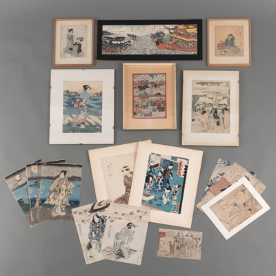 <b>Konvolut Farbholzschnitte, u.a. Surimono von Hokusai, Triptychon von Kunisada II, Schauspieler-Darstellungen von Kunisada, Kuniyasu, Toyokuni, Kunimori</b>