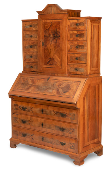 <b>A GERMAN BRASS MOUNTED  WALNUT ASH AND OTHERS BUREAU CABINET</b>