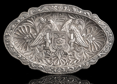 <b>AN OVAL SILVER DISH WITH IMPERIAL EAGLE AND COAT OF ARMS</b>
