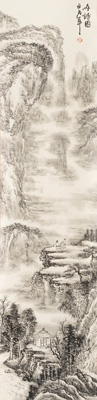 <b>A PAIR OF MOUNTEIN LANDSCAPE PAINTINGS WITH TRAVELERS, WATERFALL AND PAVILIONS. INK ON PAPER, EACH MOUNTED AS A HANGING SCROLL</b>