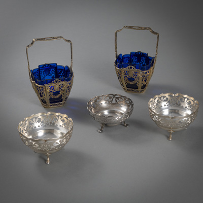 <b>TWO CONFECTIONARY BASKETS AND THREE SMALL BOWLS</b>